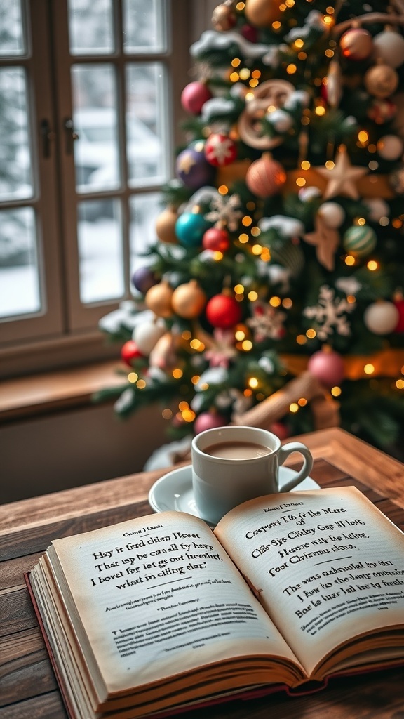 A Christmas scene with a decorated tree, an open book with quotes, and a cup of cocoa by a snowy window.